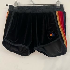 Aviator Nation black velour shorts with side stripe